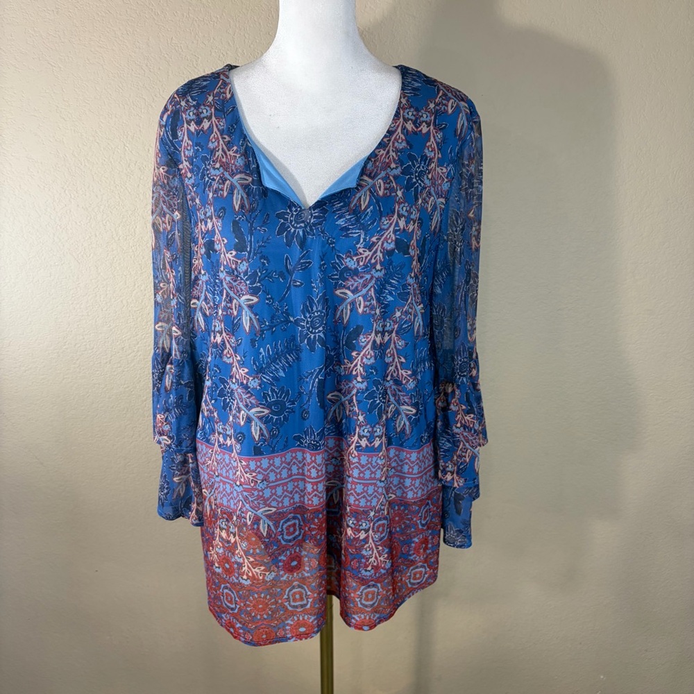Reba Y2K Boho Florals Multicolors Flutter sleeve Tunic Blouse Sz L Grunge Indie